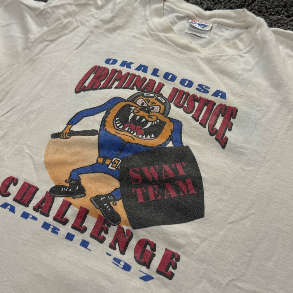 Vintage Hanes T-Shirt Mens White Good 1997 Okaloosa Criminal Justice SWAT XL